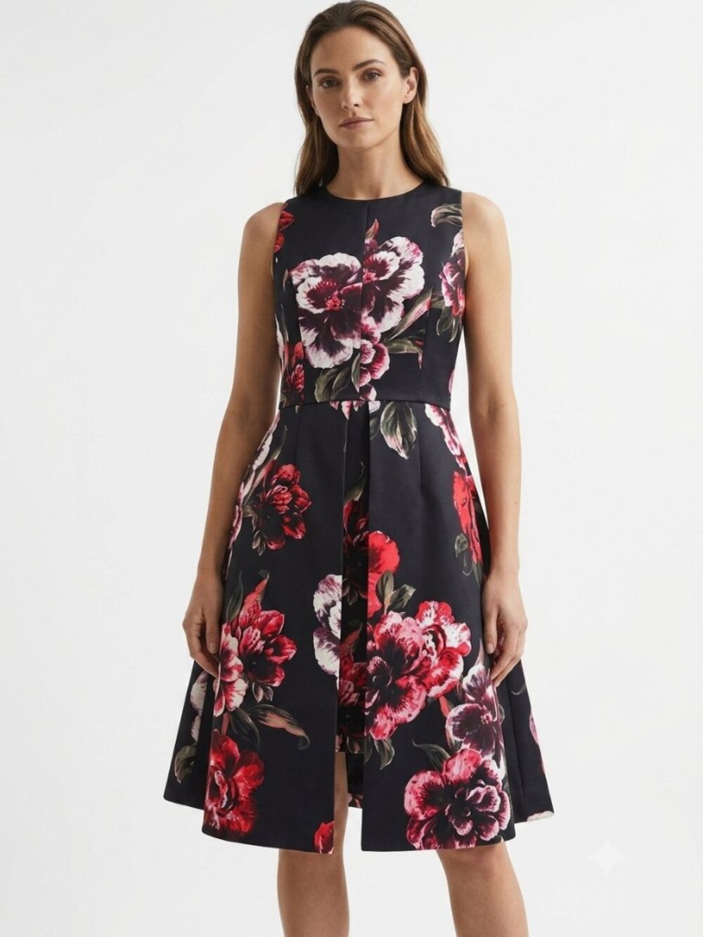 KEEPSAKE BLACK FLORAL SATIN COCKTAIL FIT & FLARE DRESS - S